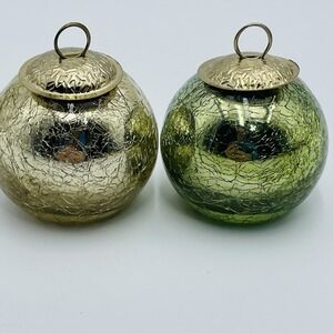 2 Vintage German Style Kugel Mercury Glass Ornaments 2.5" Heavy Green Yellow